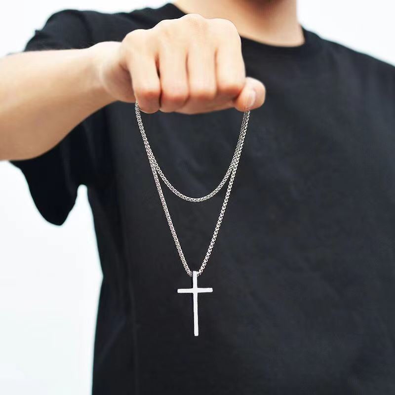 Men's Titanium Steel Glossy Cross Hip Hop Versatile Long Sweater Necklaces