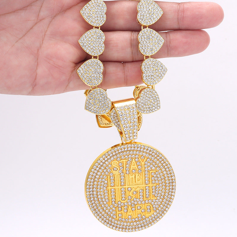 Men's Keep Strong Letter Round Plate Full Diamond Necklaces