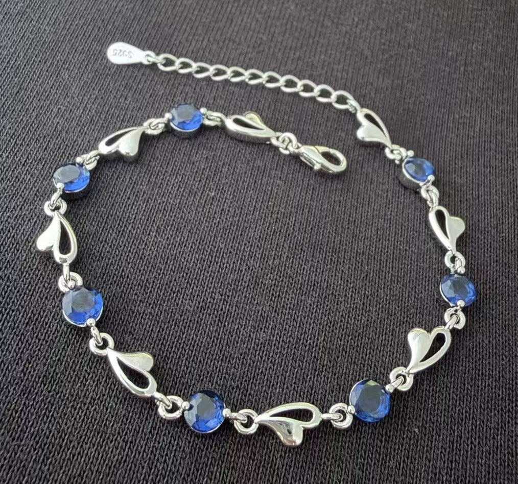 Women's Sier-plated Mori Artistic Blue Crystal Heart-shaped Rhinestone Zircon Bracelet