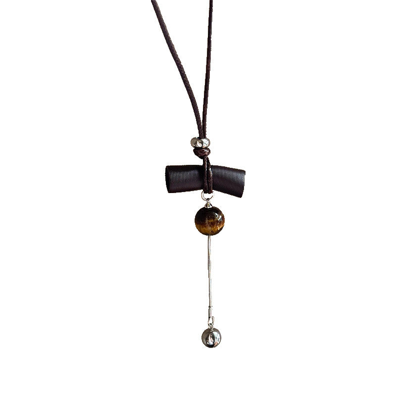 Women's Retro Tigereye Tassel Unique Niche Sweater Necklace