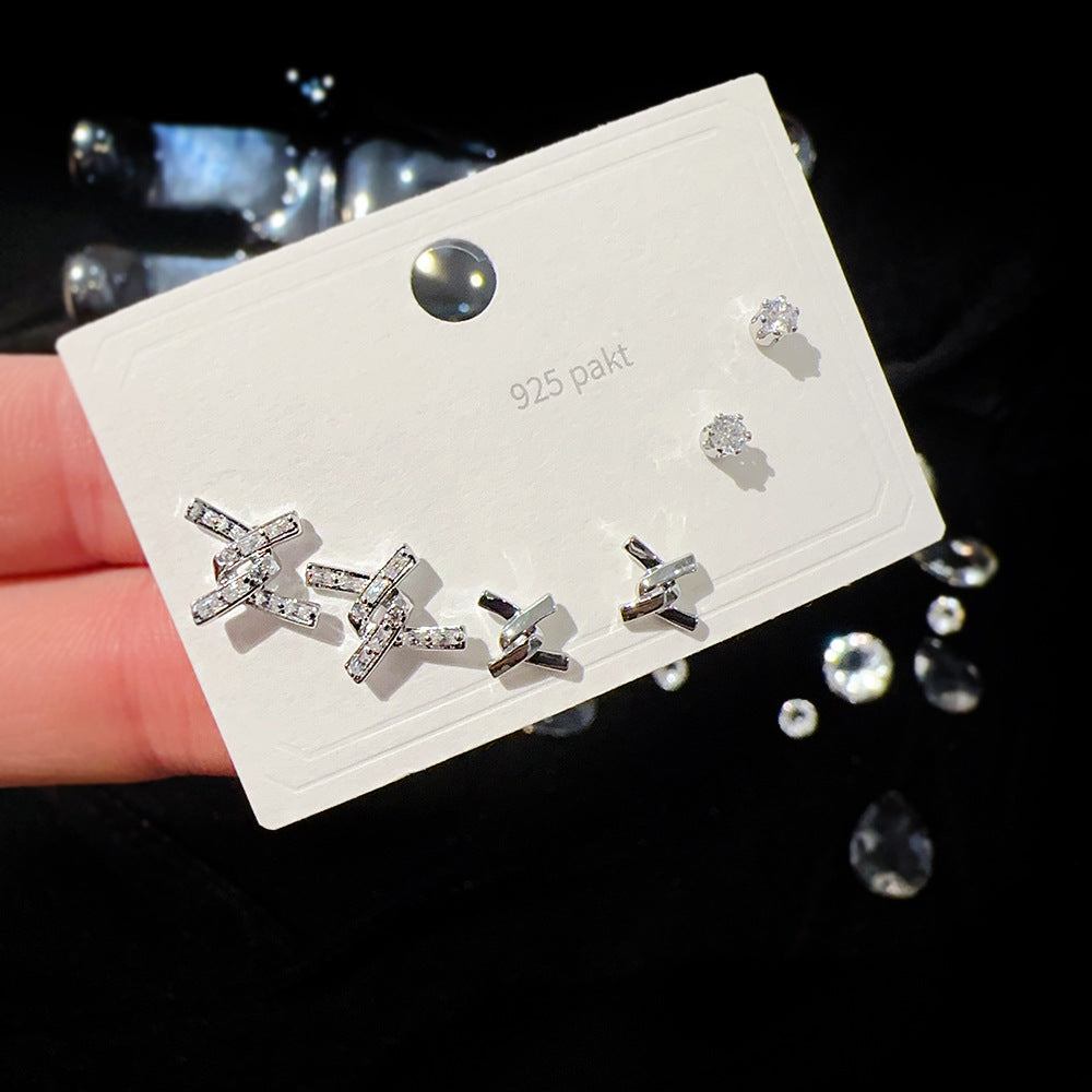 One Card Three Pairs Sier Needle Earrings