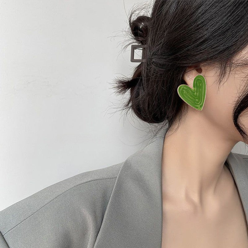 Women's Sier Needle Simple Personality Green Diamond Flower Love Heart Earrings