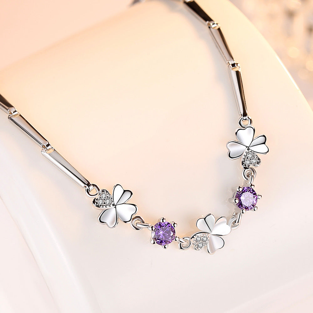 Version Sweet Temperament Female Four-leaf Clover Rotating Flower Sier Decoration Bracelet