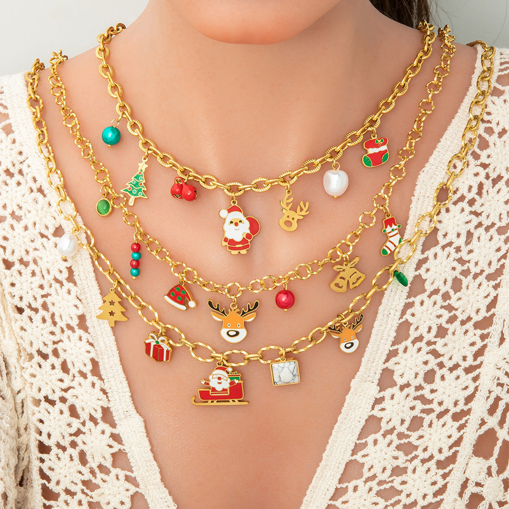 Stainless Steel Christmas Sled Elk Holiday Necklaces