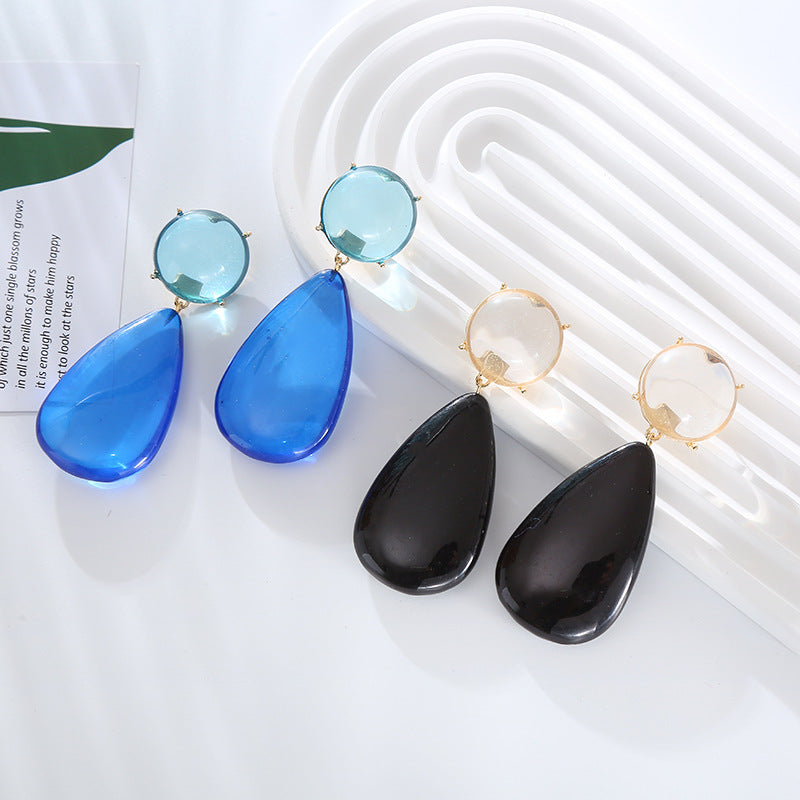 Retro Temperament Alloy Transparent Resin Geometric Round Drop-shaped Double Earrings
