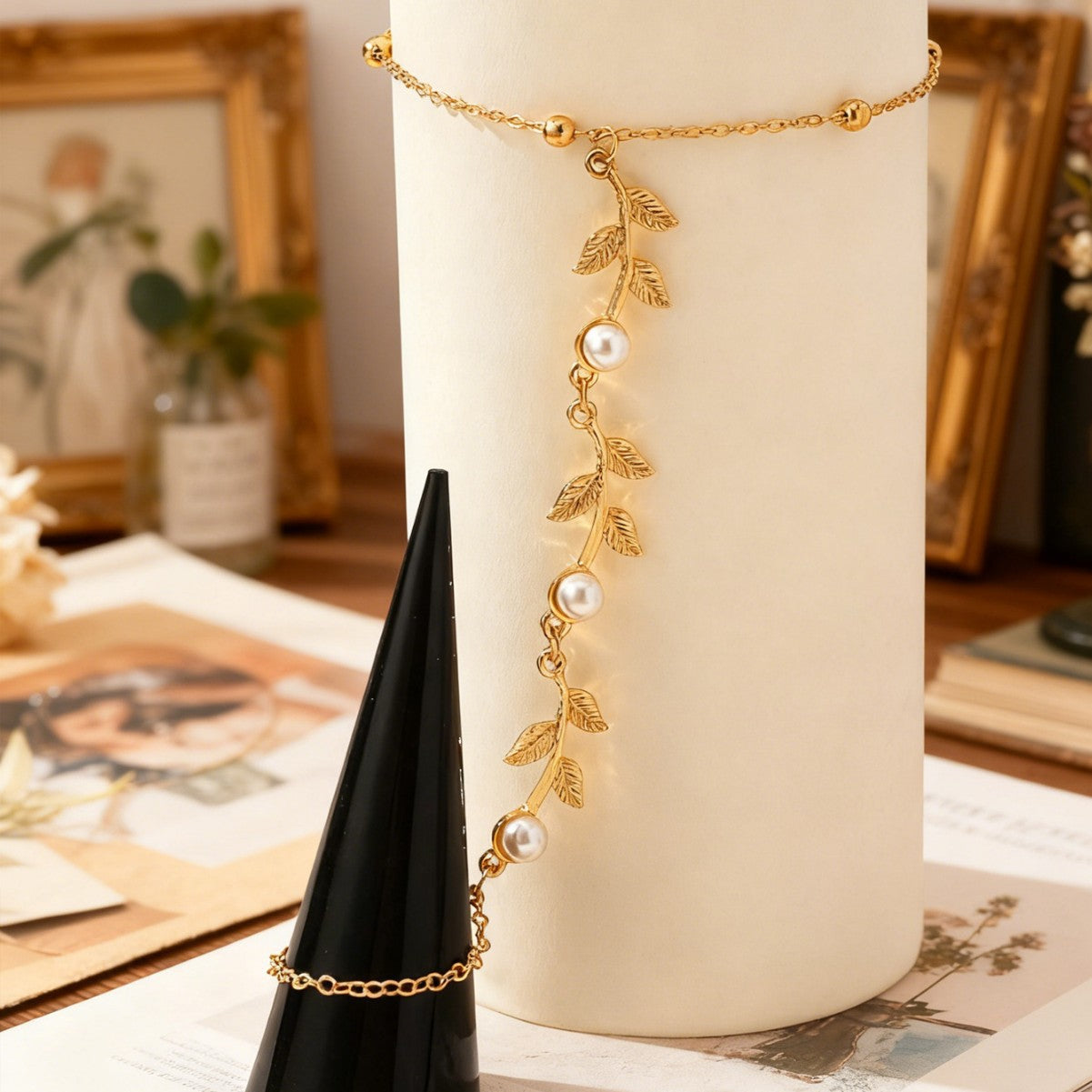 Leaves With Imitation Pearl Ornamental Tassel Bridal Bracelet
