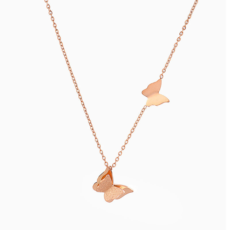 Women's Steel Clavicle Chain Fashionable Rose Gold Frosted Double Butterfly Necklaces