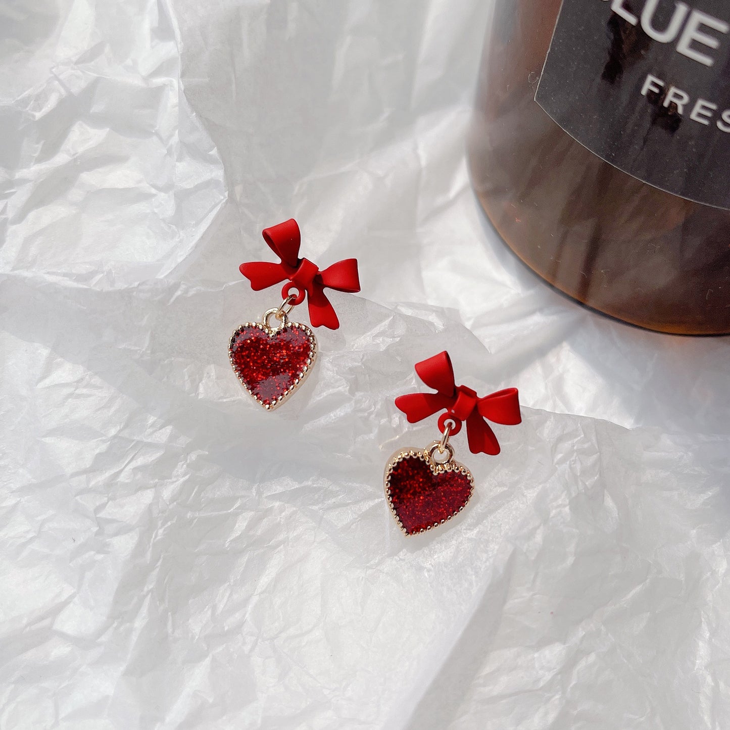 Women's Red Heart-shaped Enamel Girlish Style Bow White Earrings