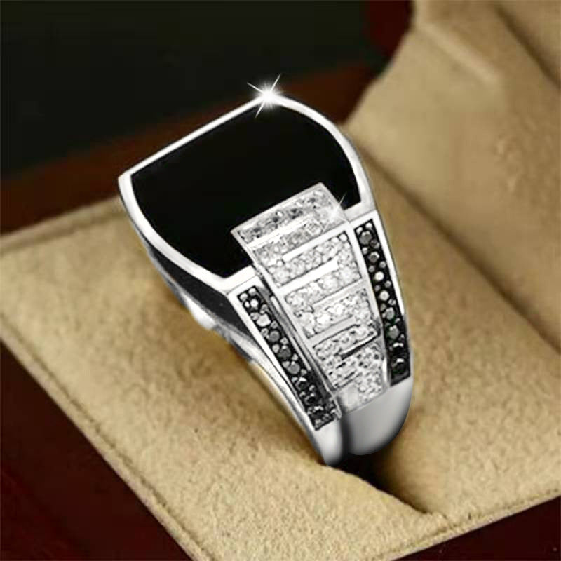 Golden Wide Face With Black Diamond Ring