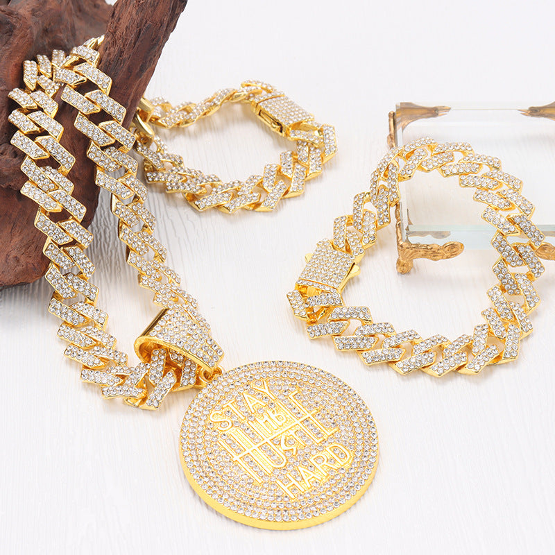Men's Keep Strong Letter Round Plate Full Diamond Necklaces