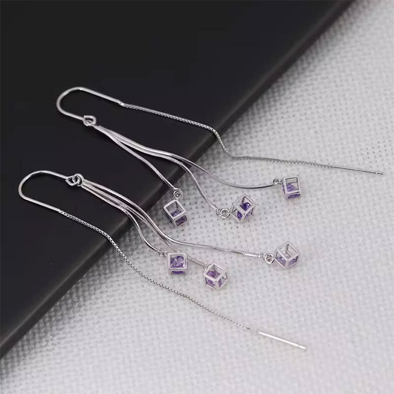 Cube Hook High-grade Zircon Square Tassel Simple Eardrops Ear Line