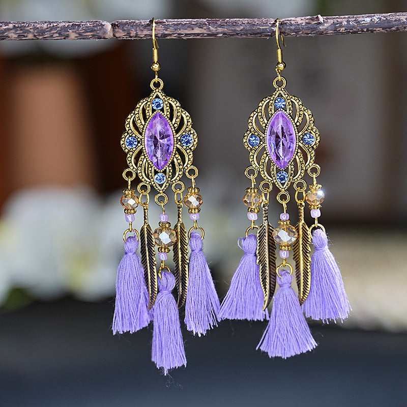 Daisy Retro Oval Diamond Tassel Leaf-shaped Earrings