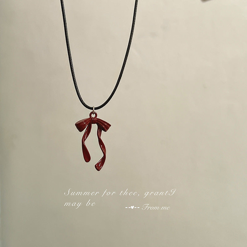 Red Niche Minimalist Bow Black Leather Rope Necklaces