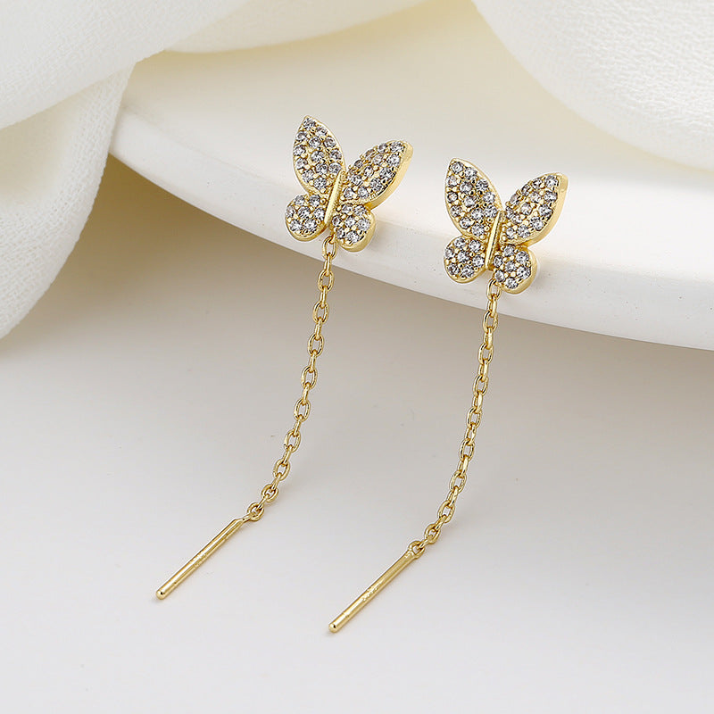 Women's Sier Full Diamond Butterfly Long Fringed Thread Light Ear Line