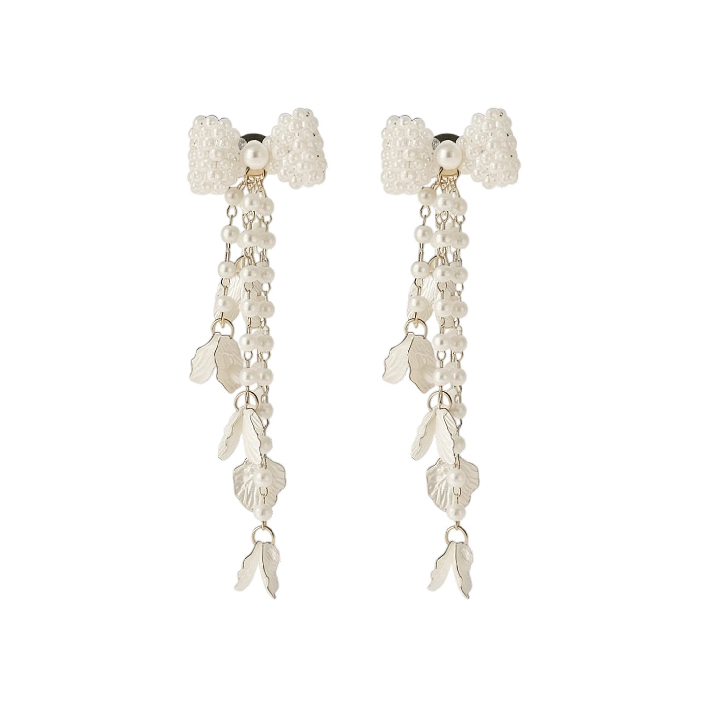 Needle Pearl Bow Zircon Petal Fringe Exaggerated Personalized Elegant Earrings