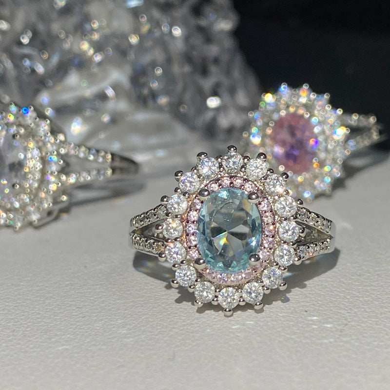 Imitation Aquamarine Sunflower Female Luxury Full Diamond Rings