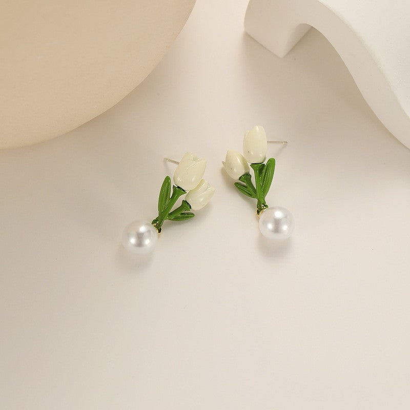 Needle High-grade Pearl Bow Flower Tulip Earrings