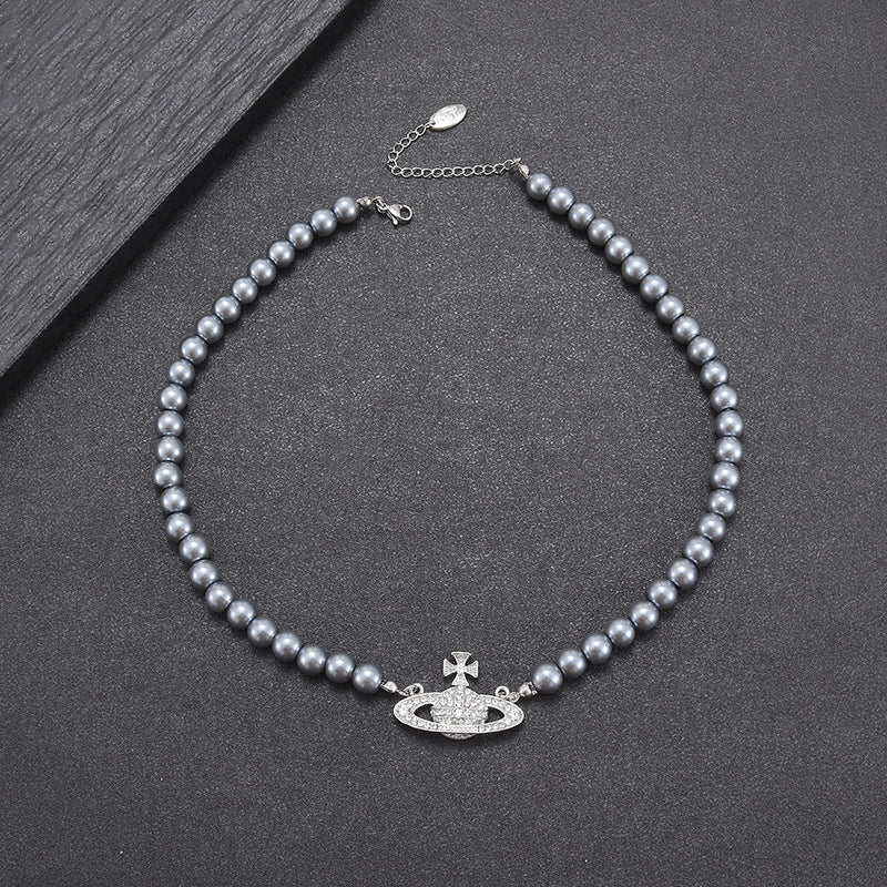 Gray Pearl Jeweled Design Sweater Chain Pendants