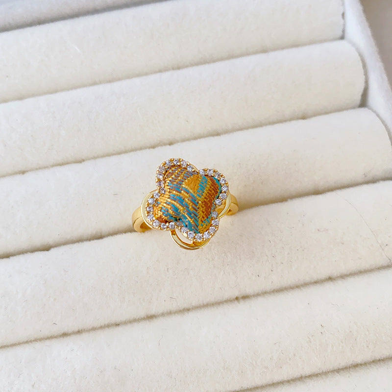 Style Song Dynasty Brocade Clover Rotatable Finished Delicate Rhinestone Copper Rings