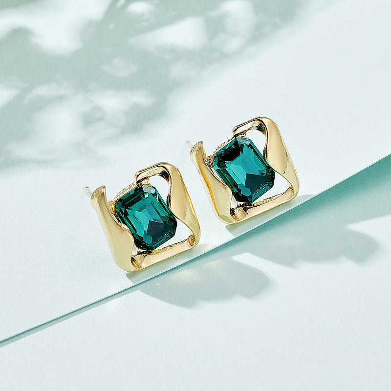 Women's Sier Needle Simple Personality Green Diamond Flower Love Heart Earrings