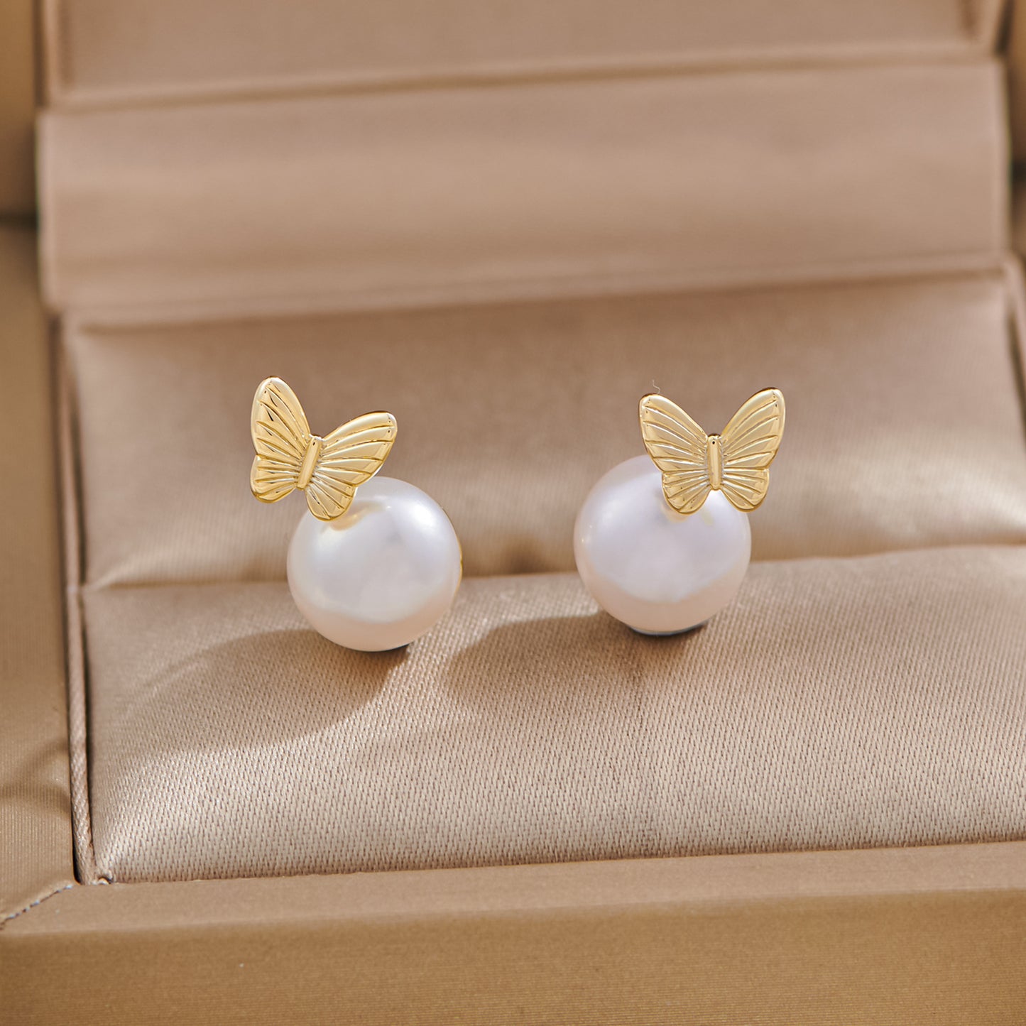 Freshwater Pearl Heart Butterfly Zircon Real Gold Electroplated Earrings