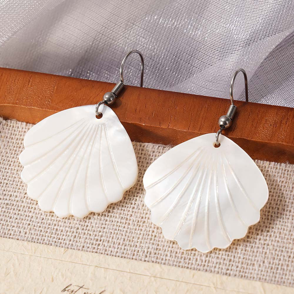 Summer Seaside White Shell Scallop Simple Hollow Monstera Earrings
