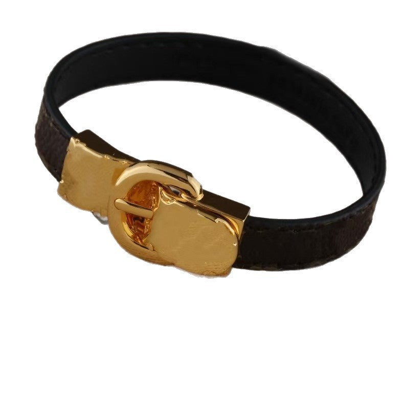 Presbyopic Magnetic Snap Personality Punk Leather Hand Buckle Stainless Steel Bracelet