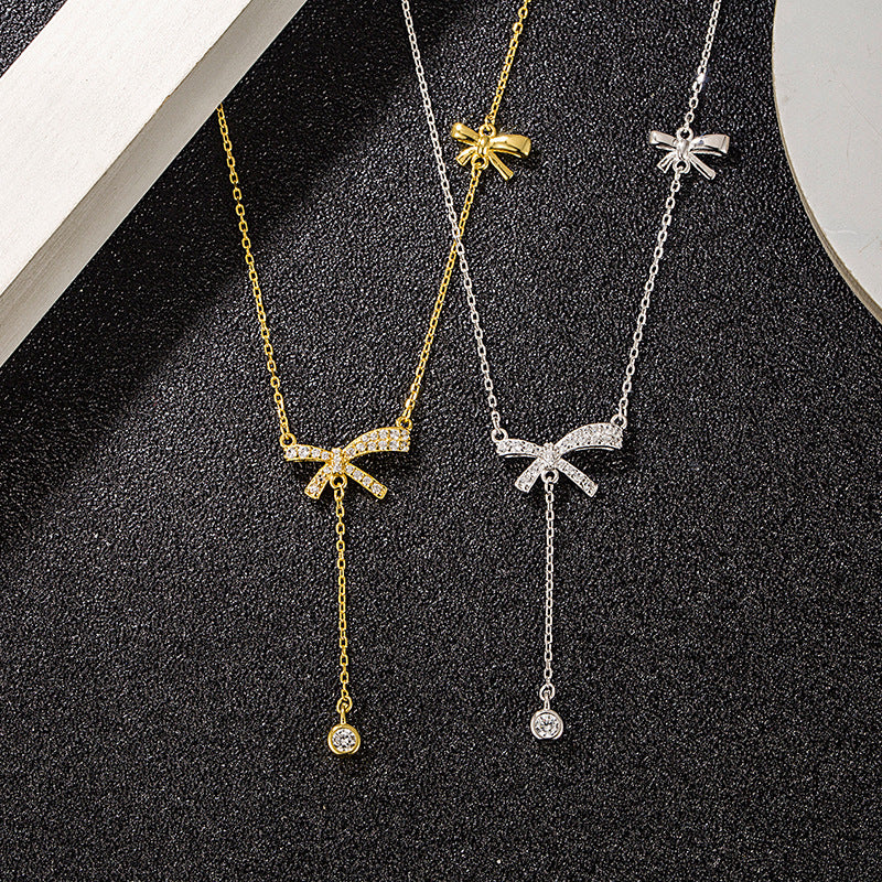 Sterling Sier Tassel Double Butterfly Design Jeweled Niche Clavicle Necklaces