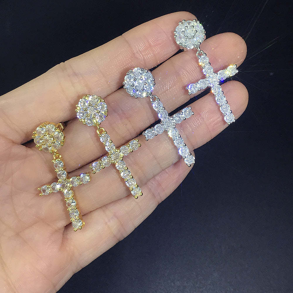 Hip Hop Full Diamond Cross Eardrops Male Earrings