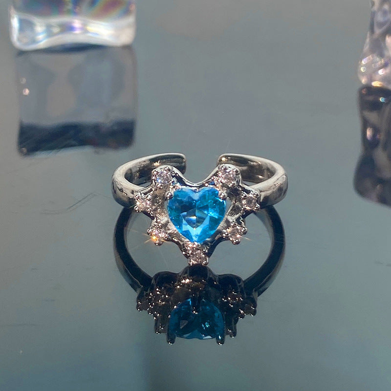 Mint Blue Color Love Heart-shaped Light Luxury Rings