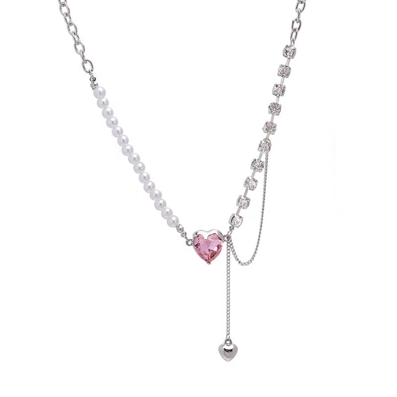 Women's Pink Heart-shaped Zircon Stitching Pearl High-grade Light Luxury Minority Necklace