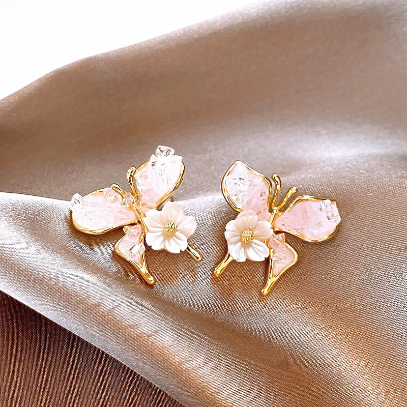 Needle Fresh Crystal Flowers Butterfly Fashion Trendy Earrings
