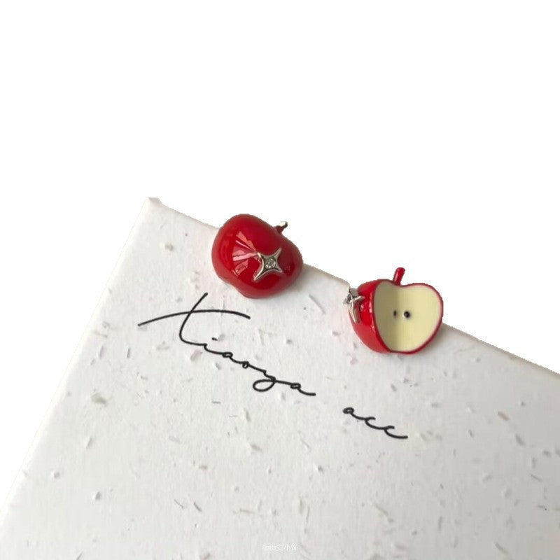 Red Apple Unique Design Asymmetric Cartoon Stud Earrings
