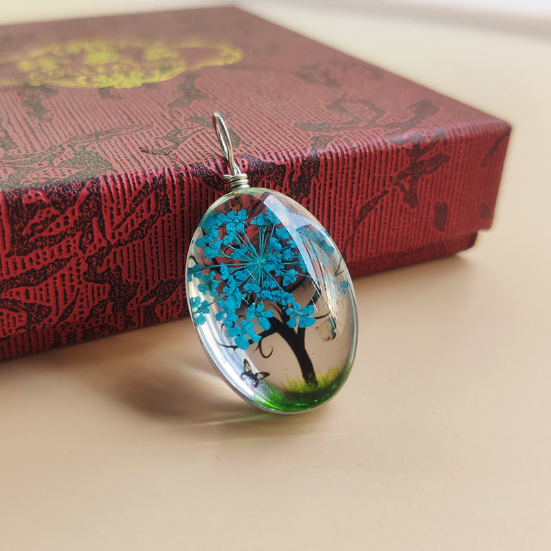 Tree Preserved Fresh Flower Artificial Crystal Oval Starry Sky Plant Necklace