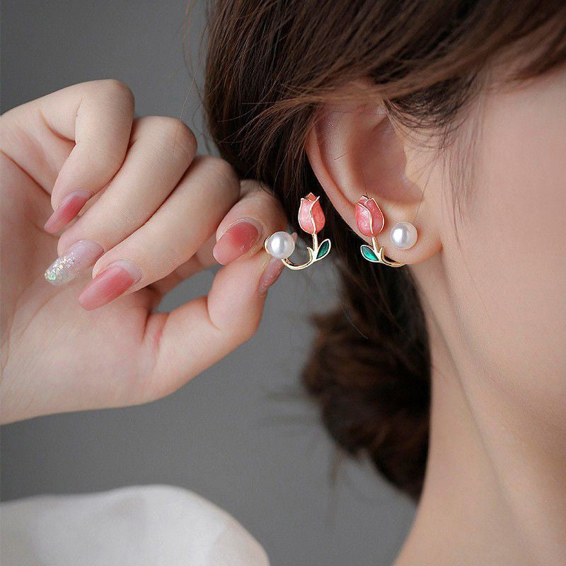 Needle High-grade Pearl Bow Flower Tulip Earrings