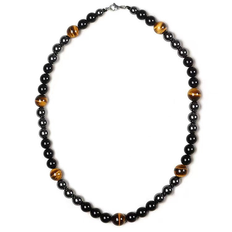 Men's Brocade Tigereye Hematite Obsidian Triple Protection Necklaces