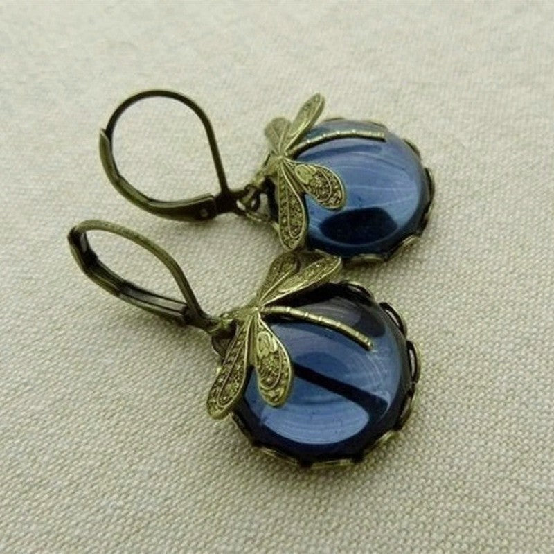 Women's Ornament Vintage Dragonfly Pattern Distressed Moonstone Earrings