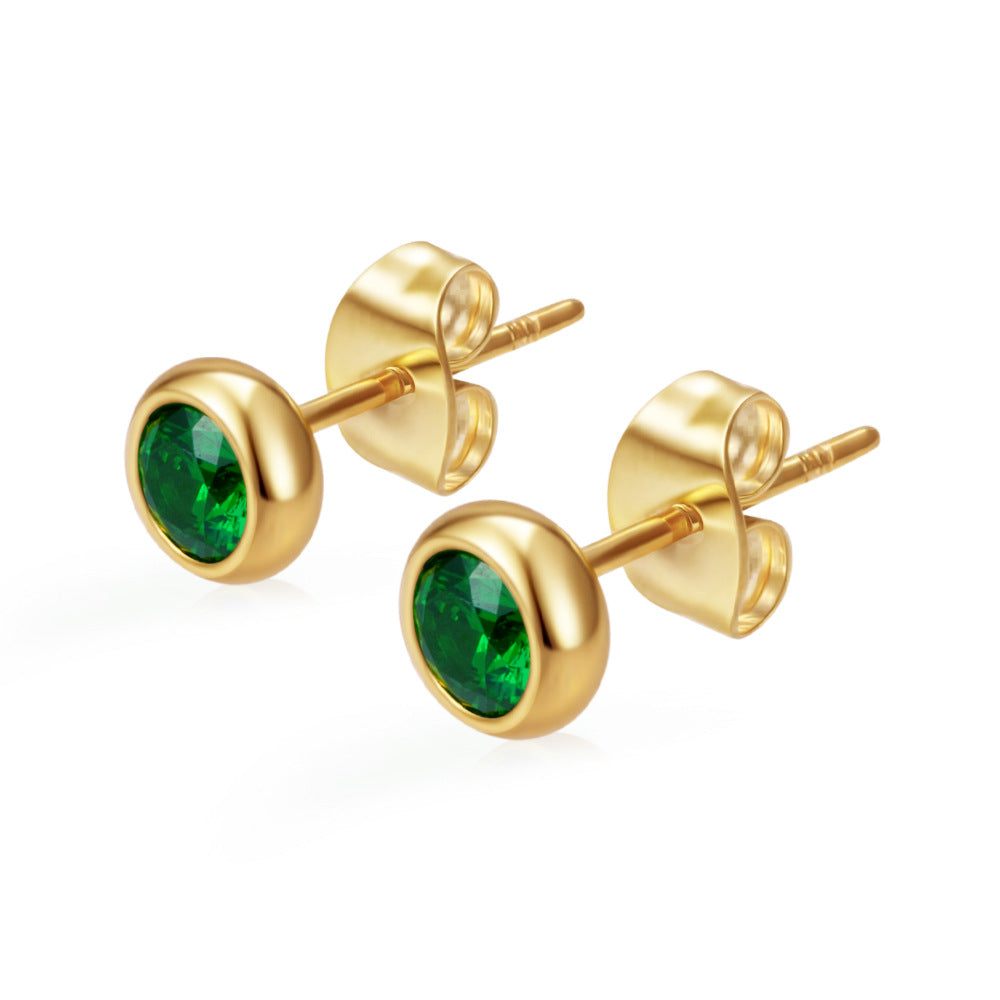 Women's Round Stainless Steel Zircon Trendy Versatile Real Gold Stud Earrings