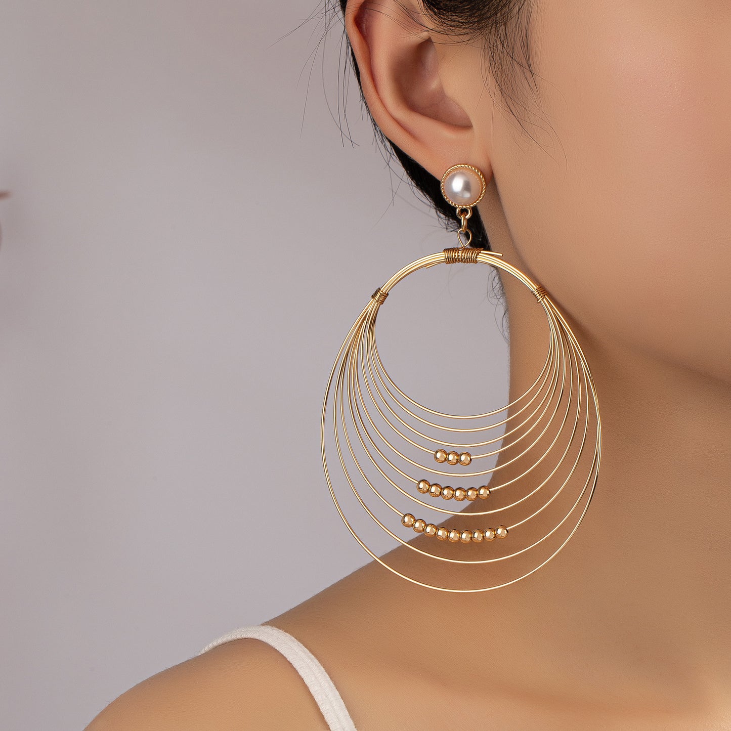 High Profile Fashion Metal Circle Pearl Golden Balls Personalized Earrings