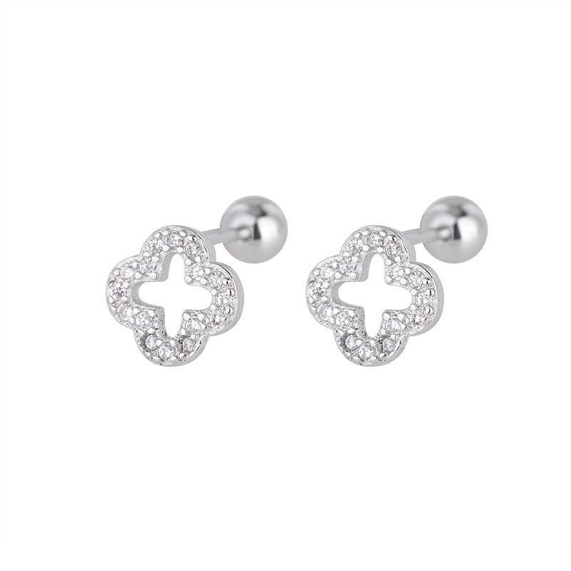 Hollow Four-leaf Clover Screw Tightening Buckle Earrings