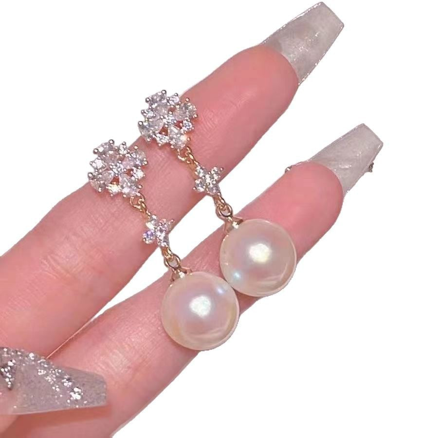Snowflake Zircon Light Luxury Tassel Long Pearl Elegant Stud Earrings