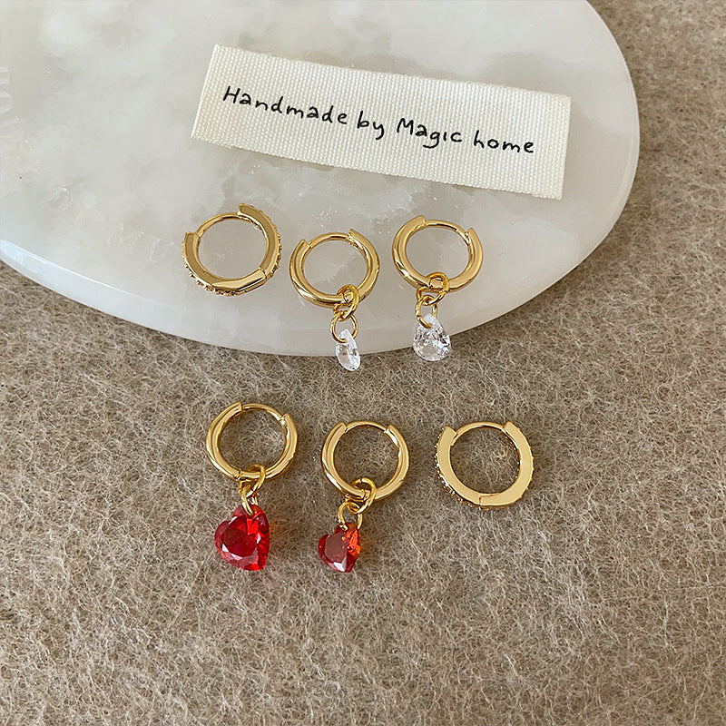 Women's Heart Water Drops Zircon Three-piece Small Earrings