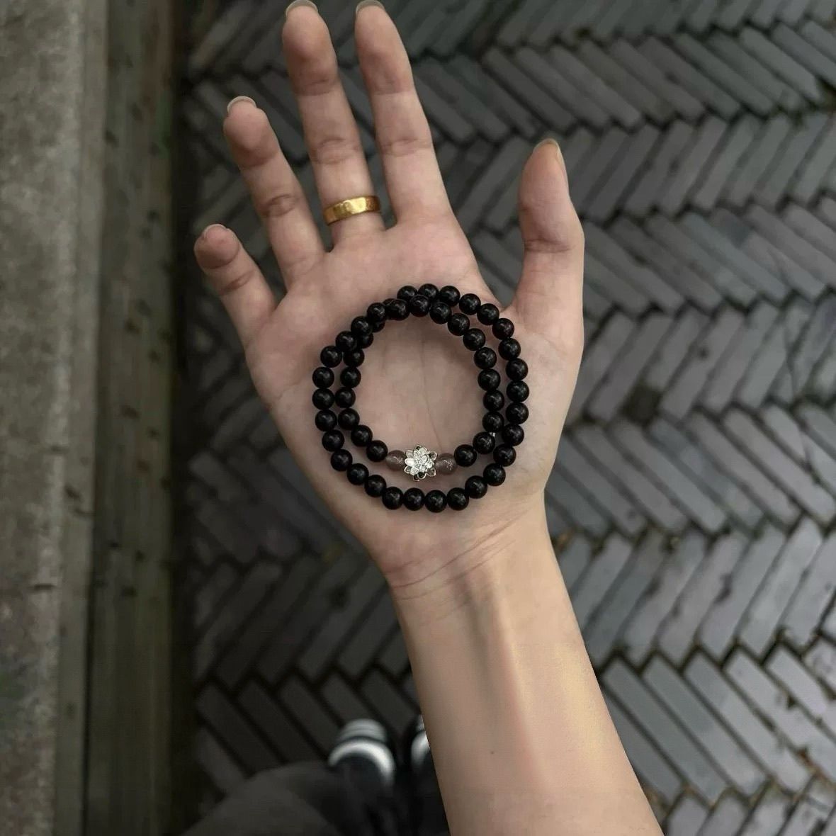Women's Chinese Style Blackwood Lotus Sier Natural Gray Agate Beaded Bracelets