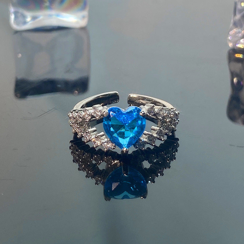 Mint Blue Color Love Heart-shaped Light Luxury Rings