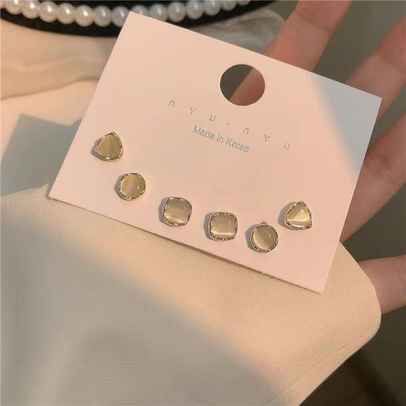 Women's Three Pairs Storage Ear Daily Opal Simple Geometric Earrings