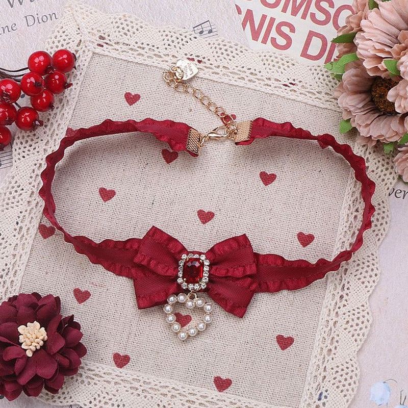Handmade Style Sweet Cute Lady Bow Rhinestone Love Necklace