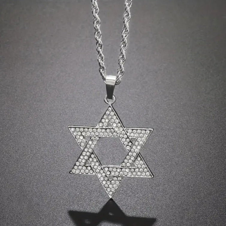 Men's Stainless Steel Full Diamond Hip Hop Six-pointed Star Trendy Fashion Necklace