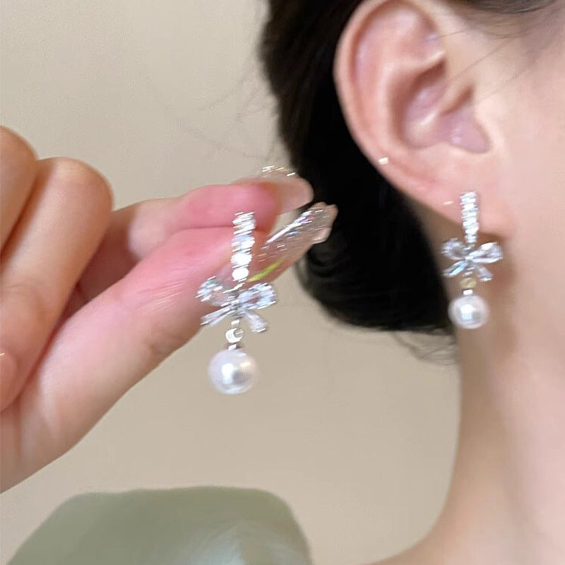 Light Luxury Minority Bow Pearl Graceful Long Earrings