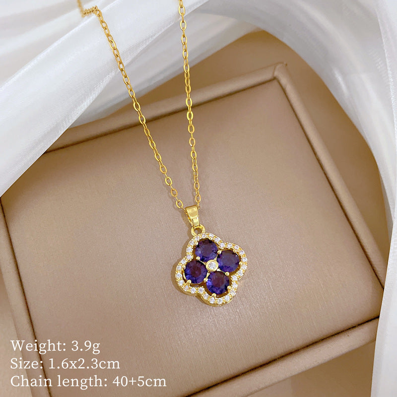Steel Luxury Full Diamond Flower Micro Rhinestone Female Lucky Beads Necklace