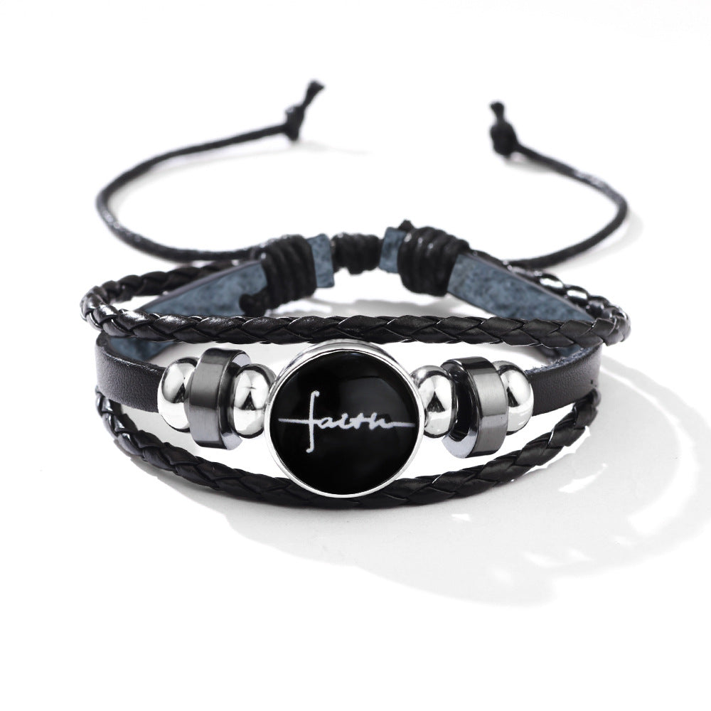 English Letters Glass Buckle Woven Leather Niche Bracelets